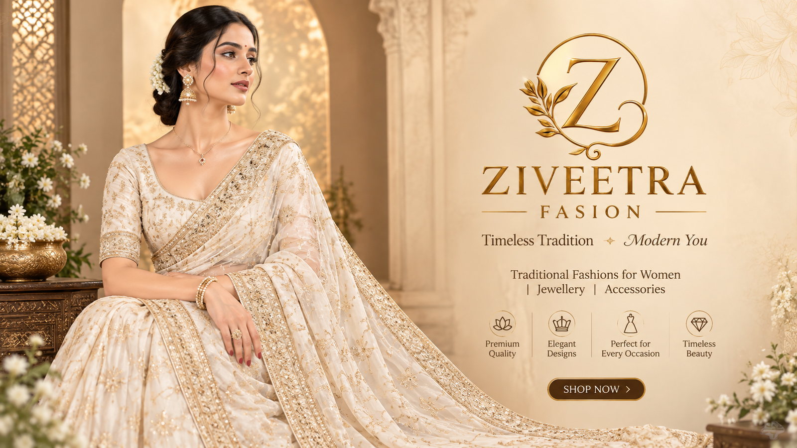 Ivory Gold Embroidered Designer Saree with Matching Blouse ba