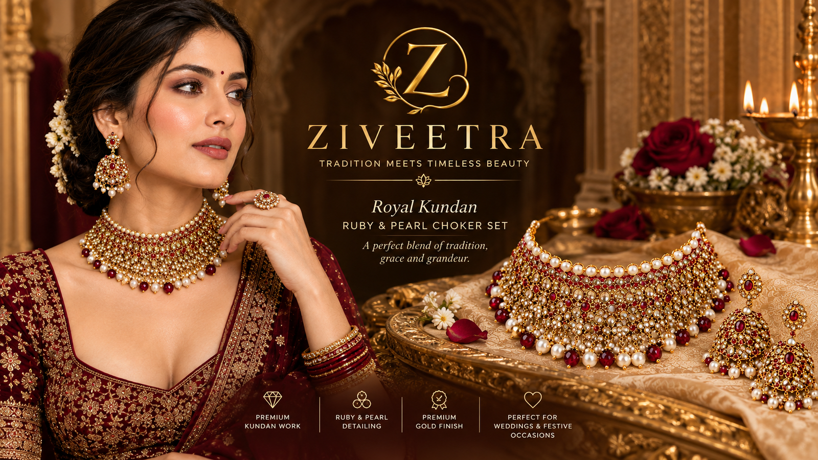 Royal Kundan Ruby & Pearl Choker Necklace Set jewellery banner